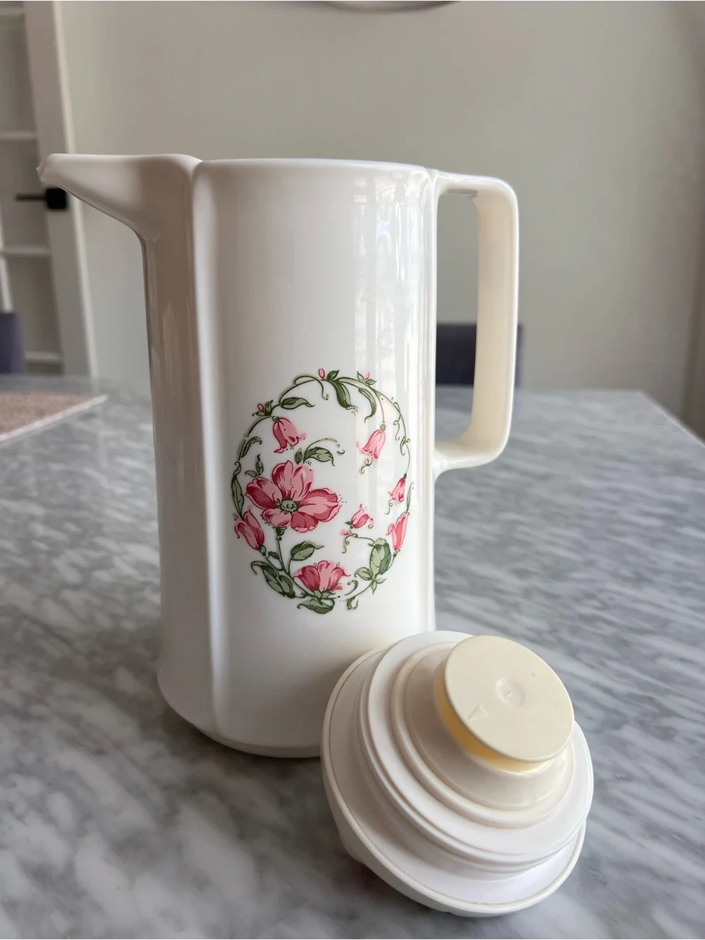Vintage White Plastic and Glass Floral Carafe